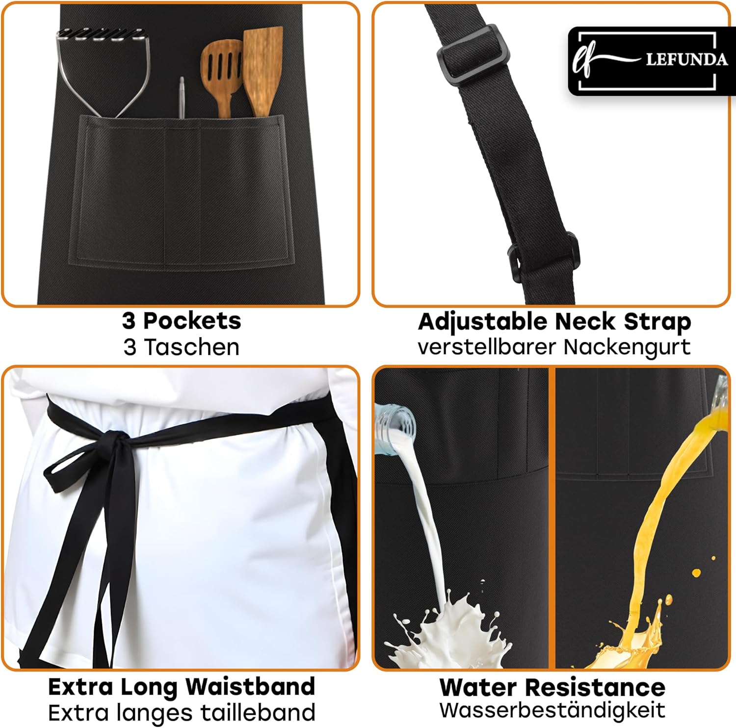 Tablier de cuisine - modèle étanche 3 poches - réglable unisexe, longues lanières, usage pro, BBQ, jardin
