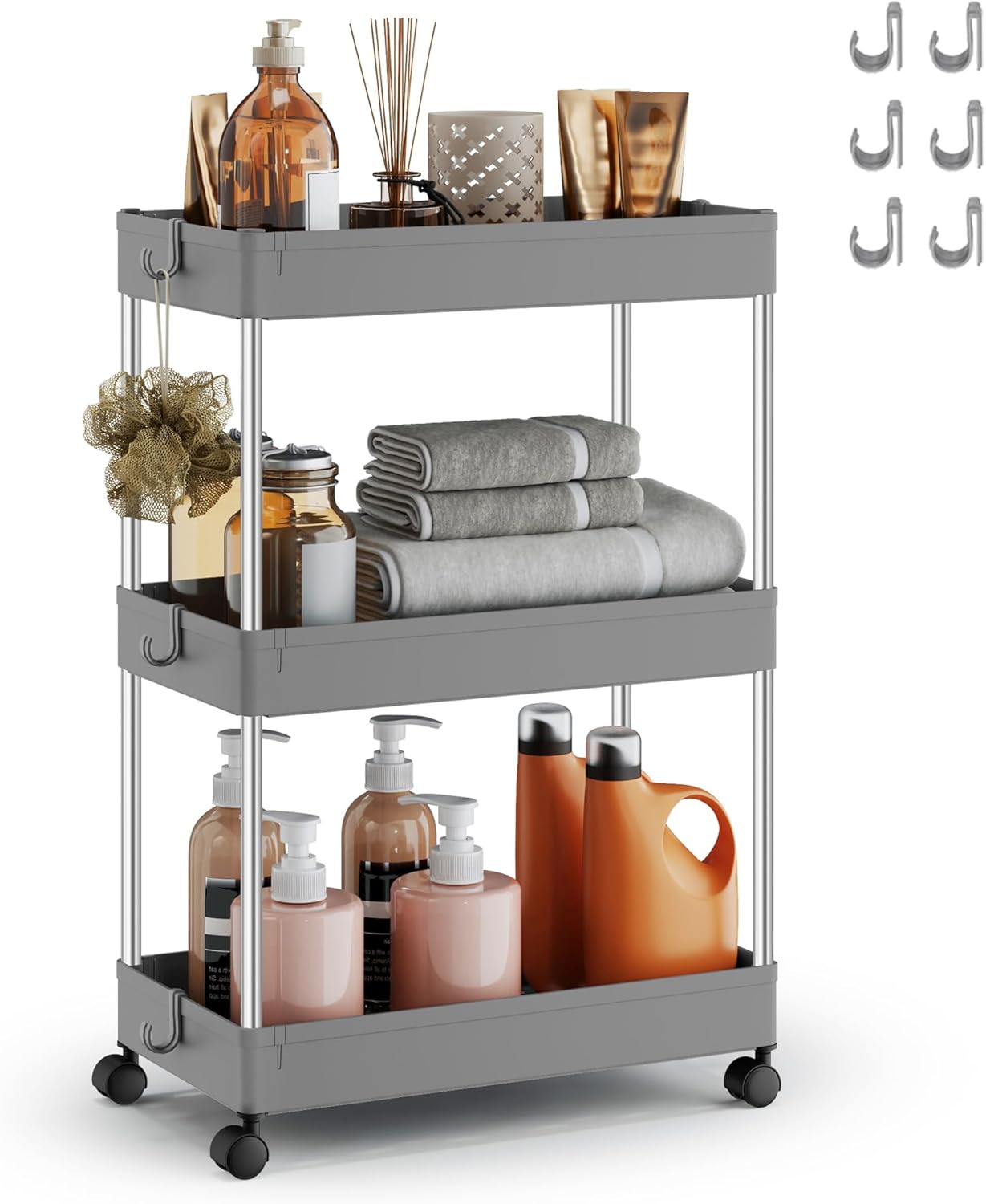 SONGMICS - Chariot cuisine 3 niveaux, acier, 23,6x42x60,6cm, 6 crochets, KSC009G01