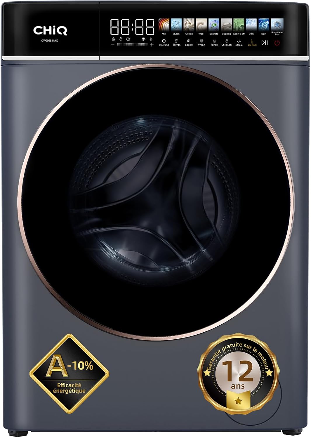 CHiQ - lave-linge 8 kg - écran LED tactile, vapeur, 1400 tr/min - CW086581AX