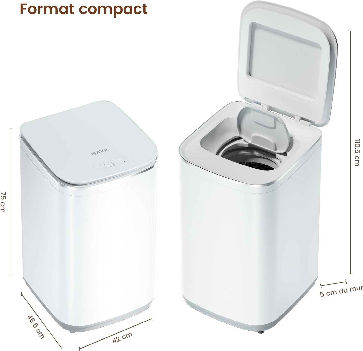 HAVA - Mini Machine à Laver 3kg, 8 programmes, lavage chaud, compacte