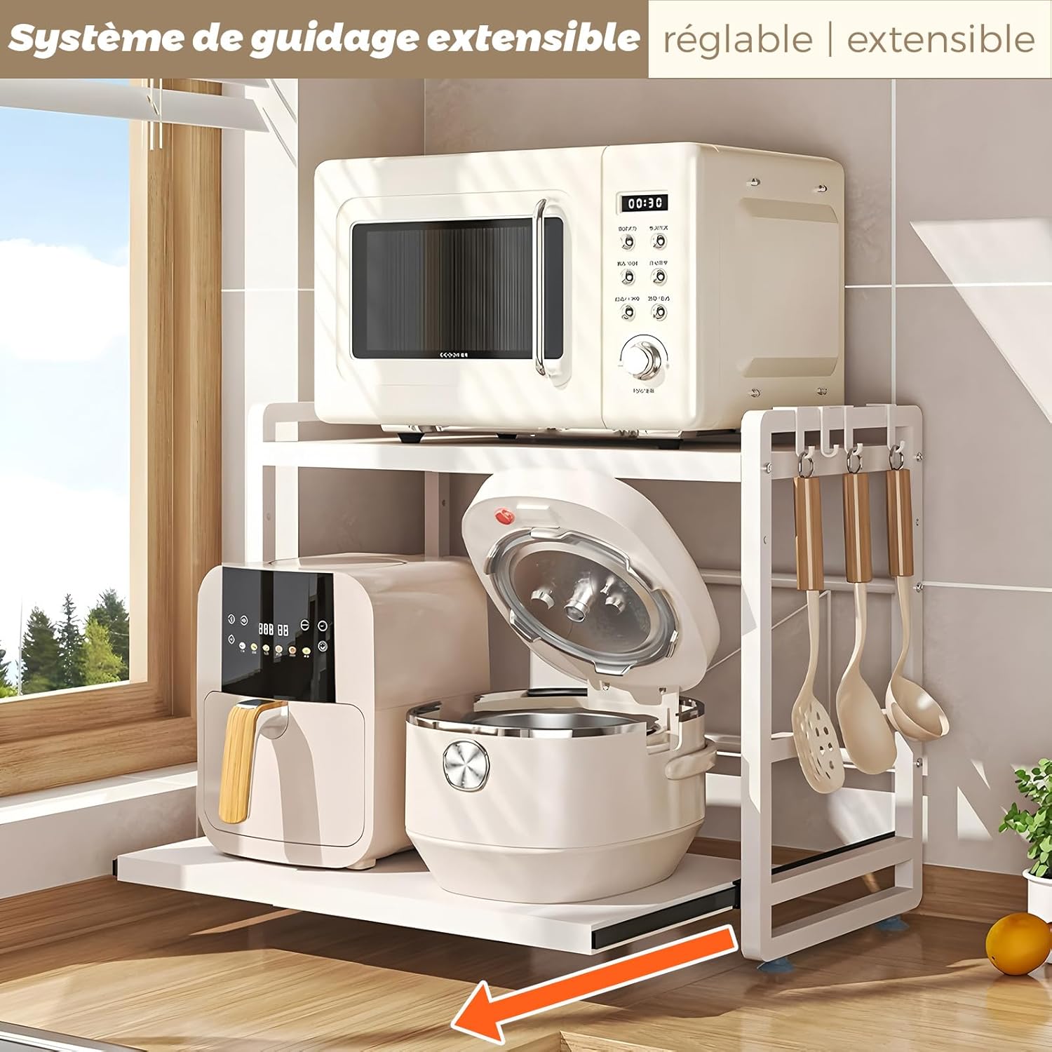 Étagère de cuisine 2 étages - réglable, extensible, tiroir - acier blanc