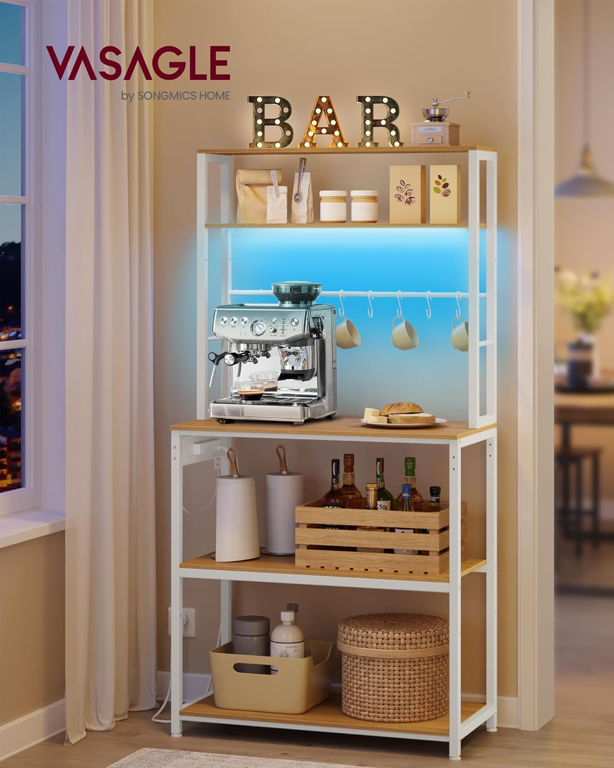 VASAGLE Étagère de Cuisine avec LED, Meuble de Cuisine avec Multiprise, Support pour Micro-Ondes avec Étagères Réglables, 8 Crochets, 40 x 80 x 168,4 cm, Doré Chêne et Blanc Mat KKS050YA01