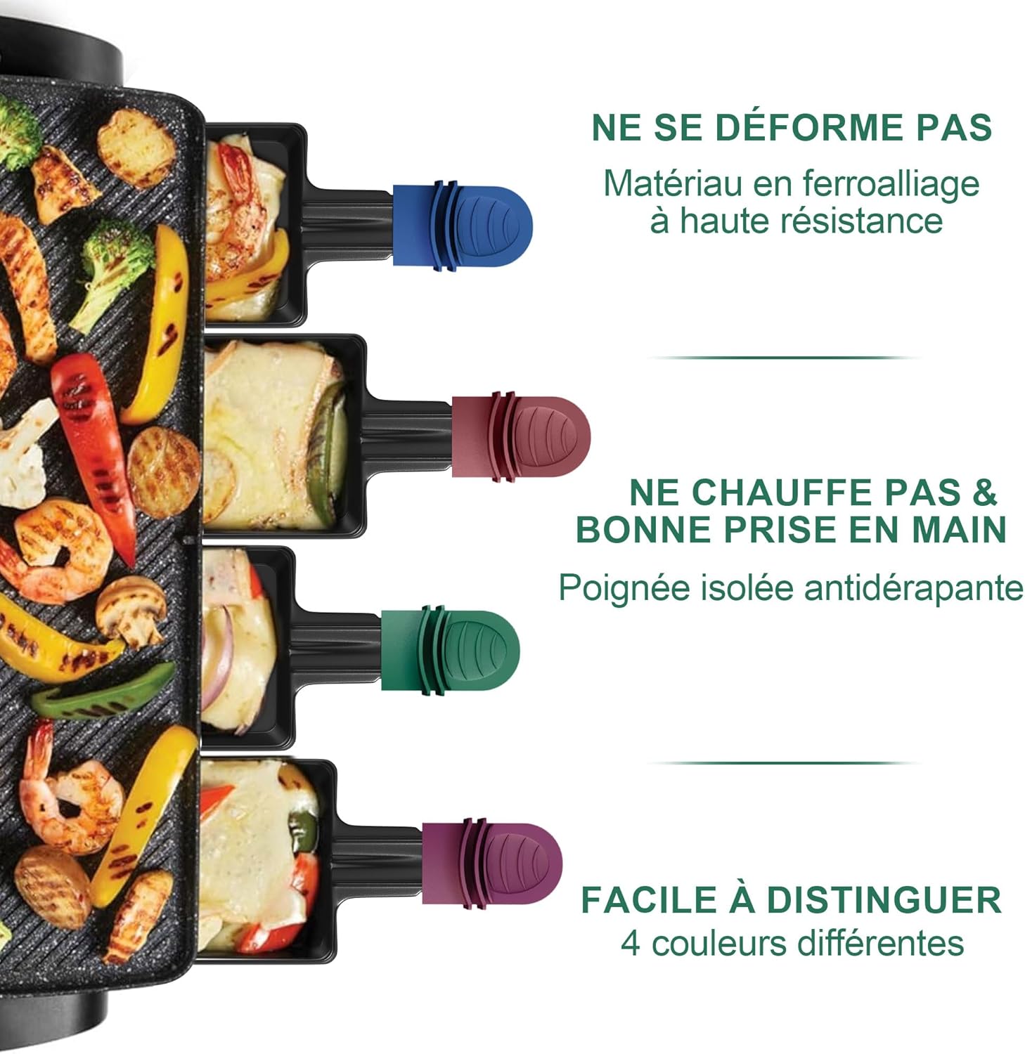 iPow - Lot de 8 poêlons raclettes carrés, revêtement antiadhésif, poignées isolées, 8 grattoirs bois