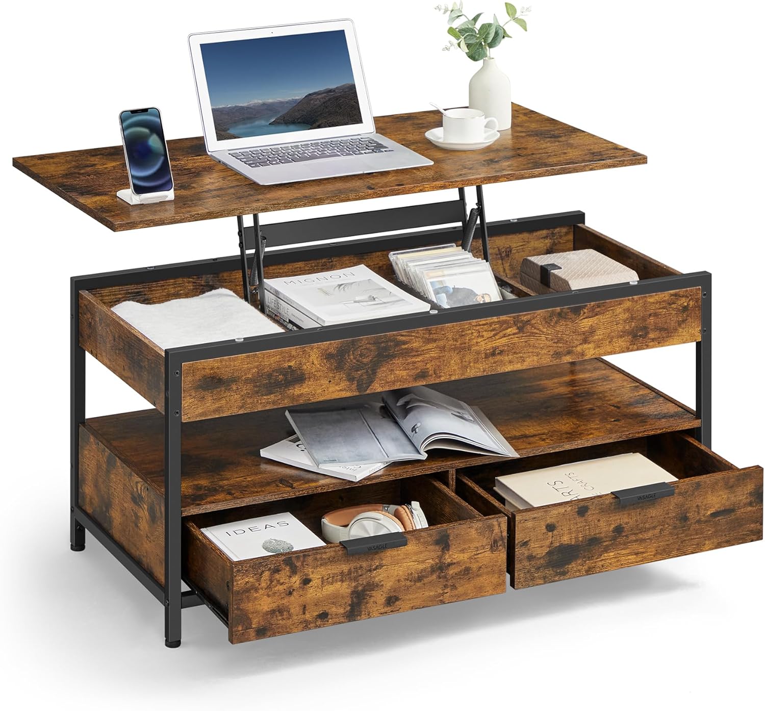 VASAGLE - Table basse plateau relevable, tiroirs, rangement - LCT209K01