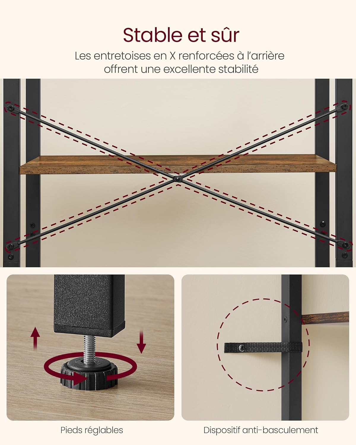 VASAGLE - étagère 4 niveaux, style industriel, 30x66x120cm, LLS60BX