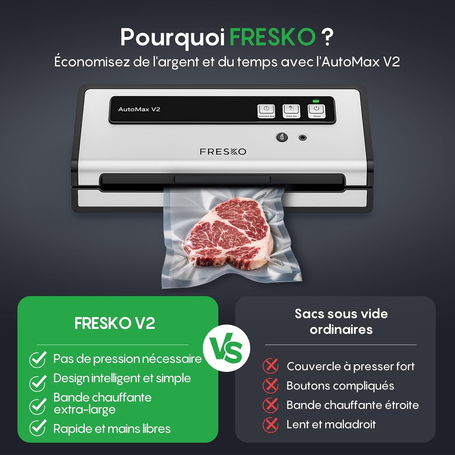 FRESKO - Machine sous vide série automatique - 140W - double thermoscellage, mode humide/sec, verrouillage automatique