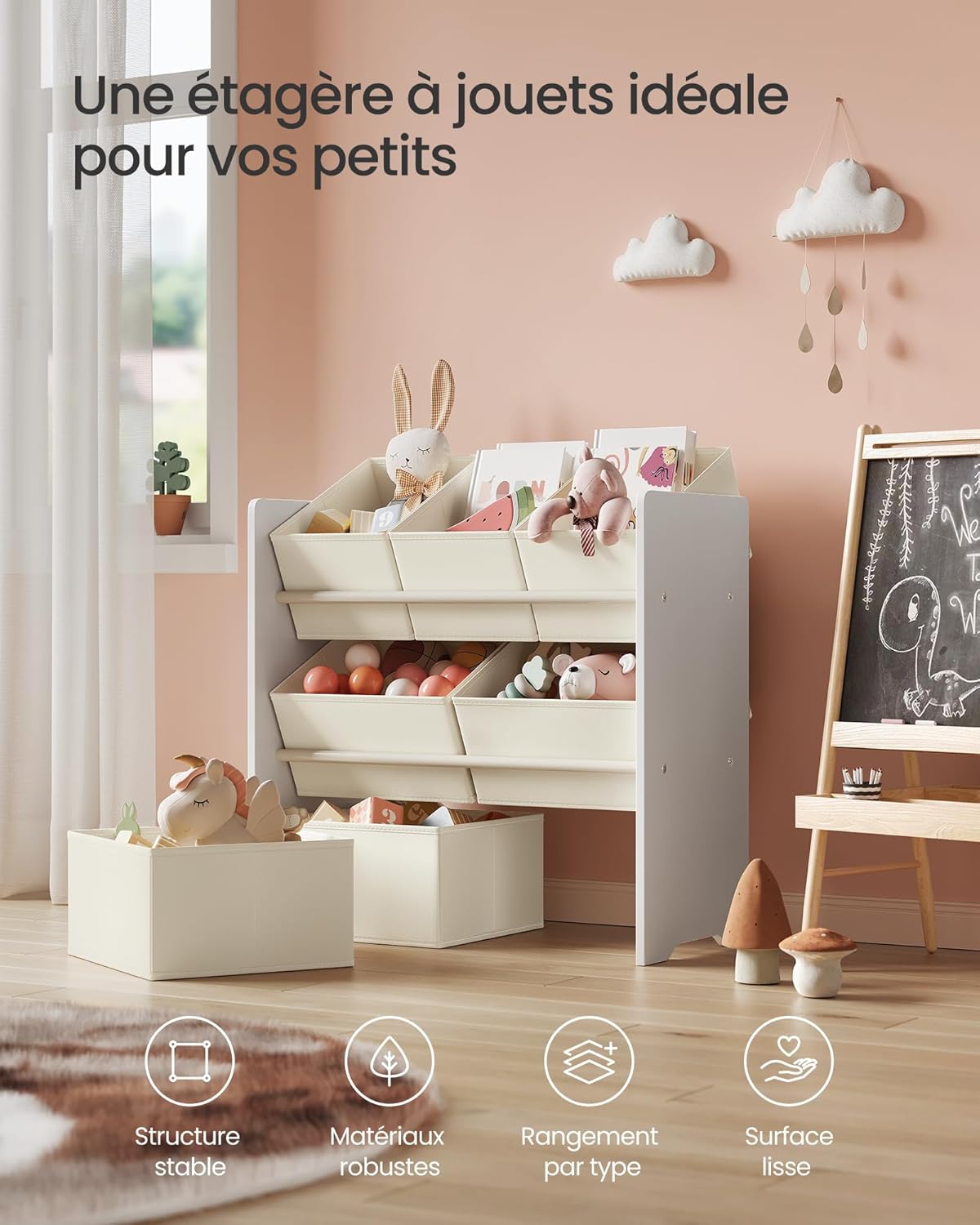 SONGMICS - étagère à jouets enfants, 29,5x62,5x60 cm, 7 bacs tissu, blanc nuage GKR034W10