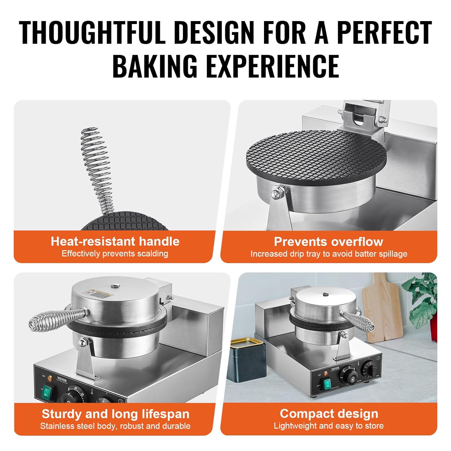 VEVOR - Gaufrier commercial inox 1230W - température et minuteur