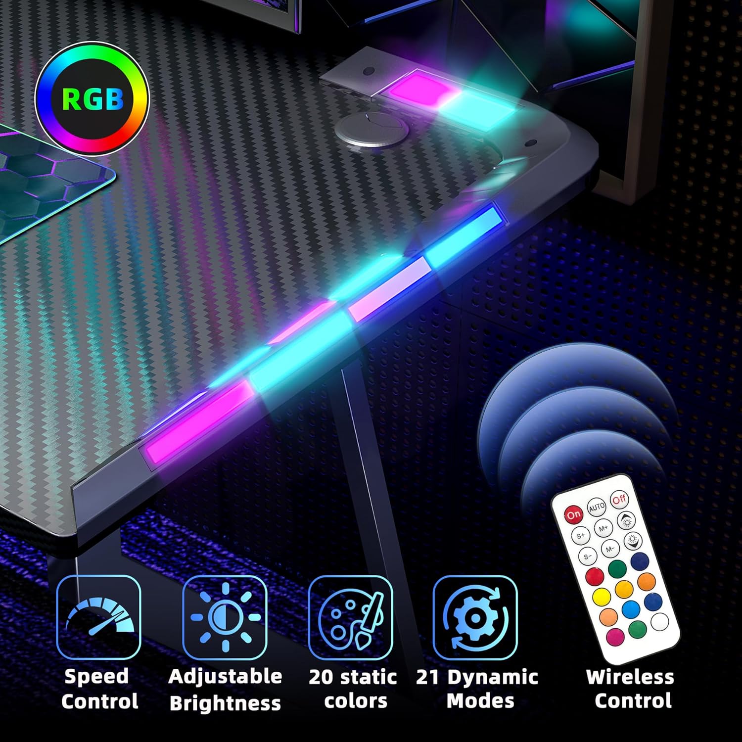 BEXEVUE - Armor - 100x50 cm - Bureau gaming RGB carbone, cadre Z, crochet casque