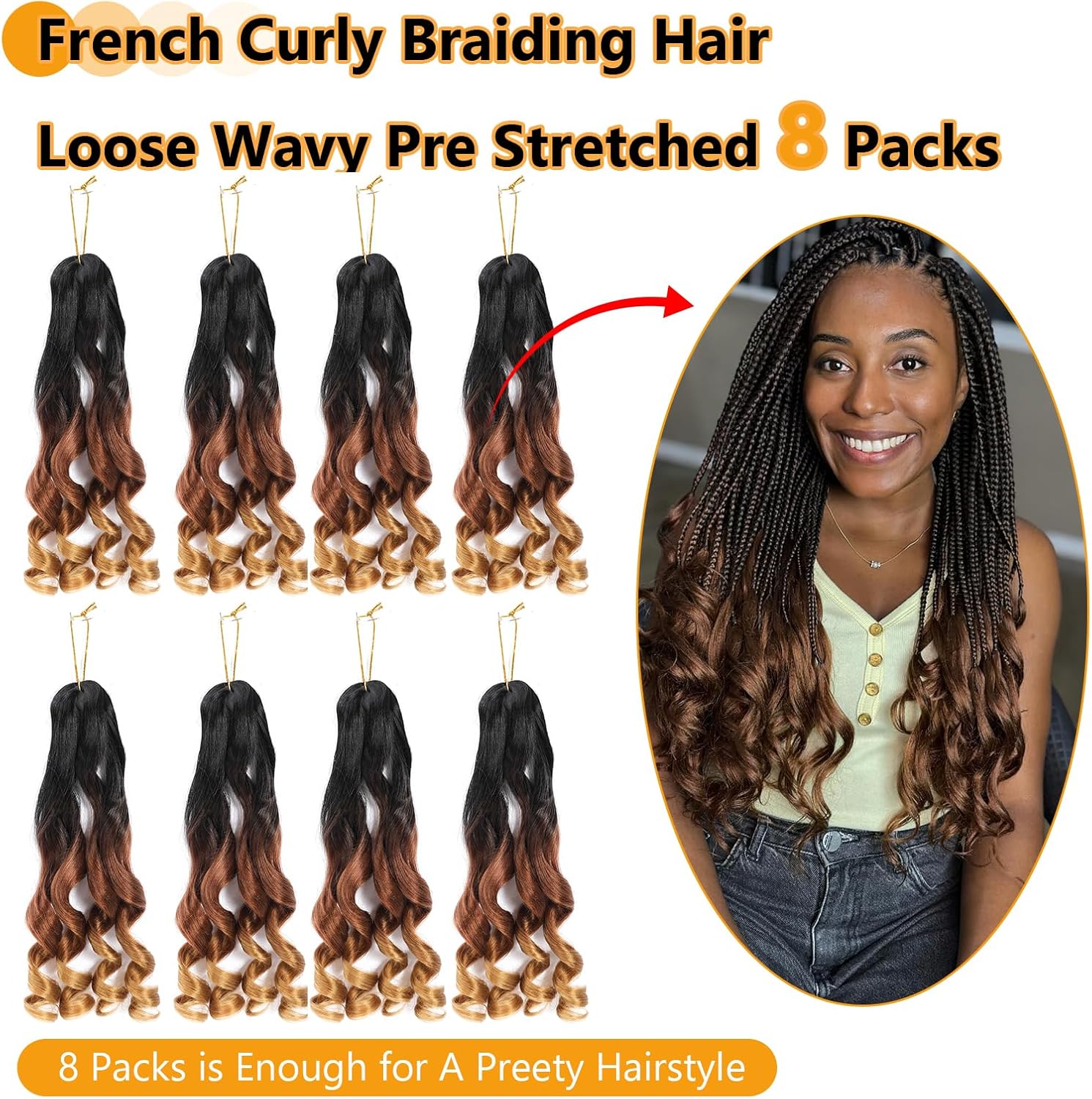 Mèches tressage - French Curl Bouclées 16 pouces, 8 paquets, 1B/30/27