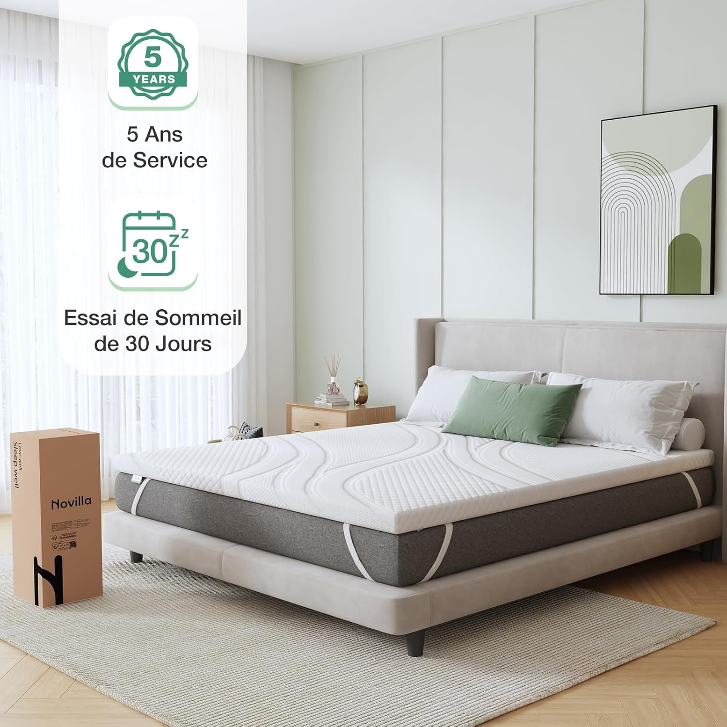 Novilla - surmatelas gel mémoire de forme - 140x200cm - 7.5cm, doux, antidérapant, lavable