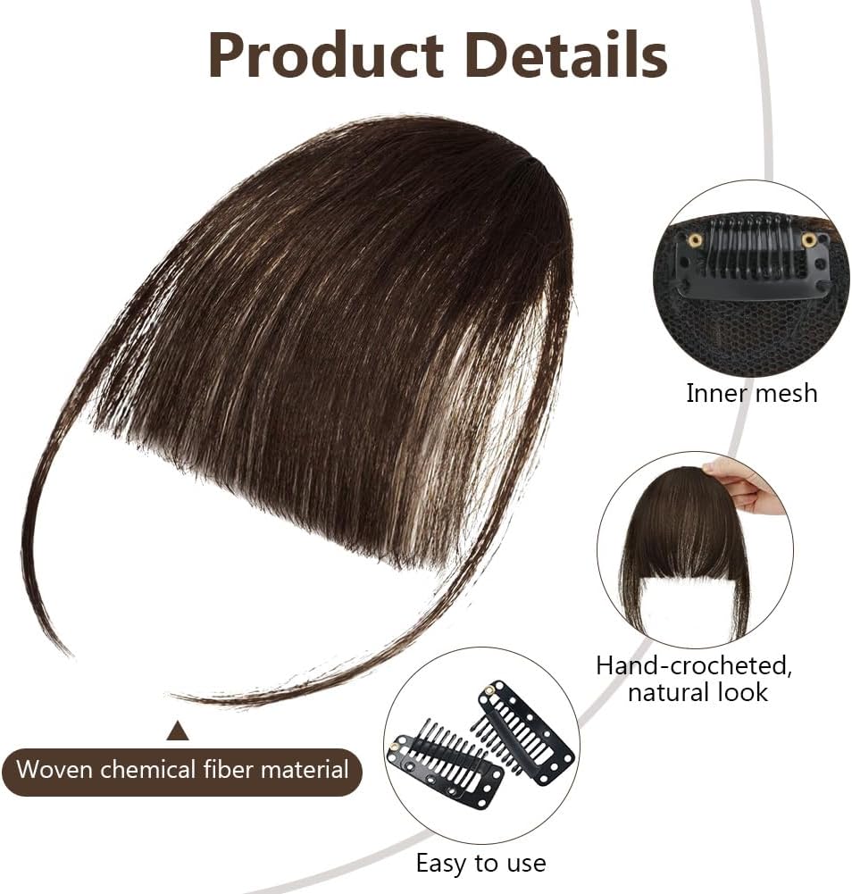 Postiche frange à clip synthétique, marron foncé, temples naturels