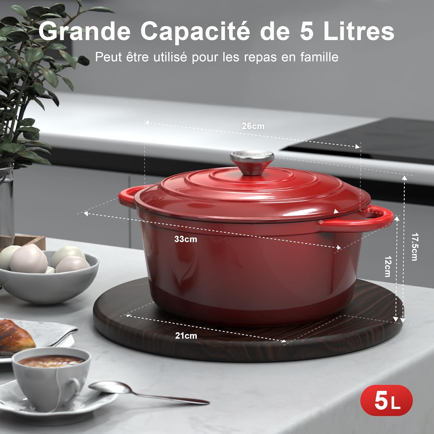 Topbooc - cocotte fonte série 26cm rouge 5L couvercle induction