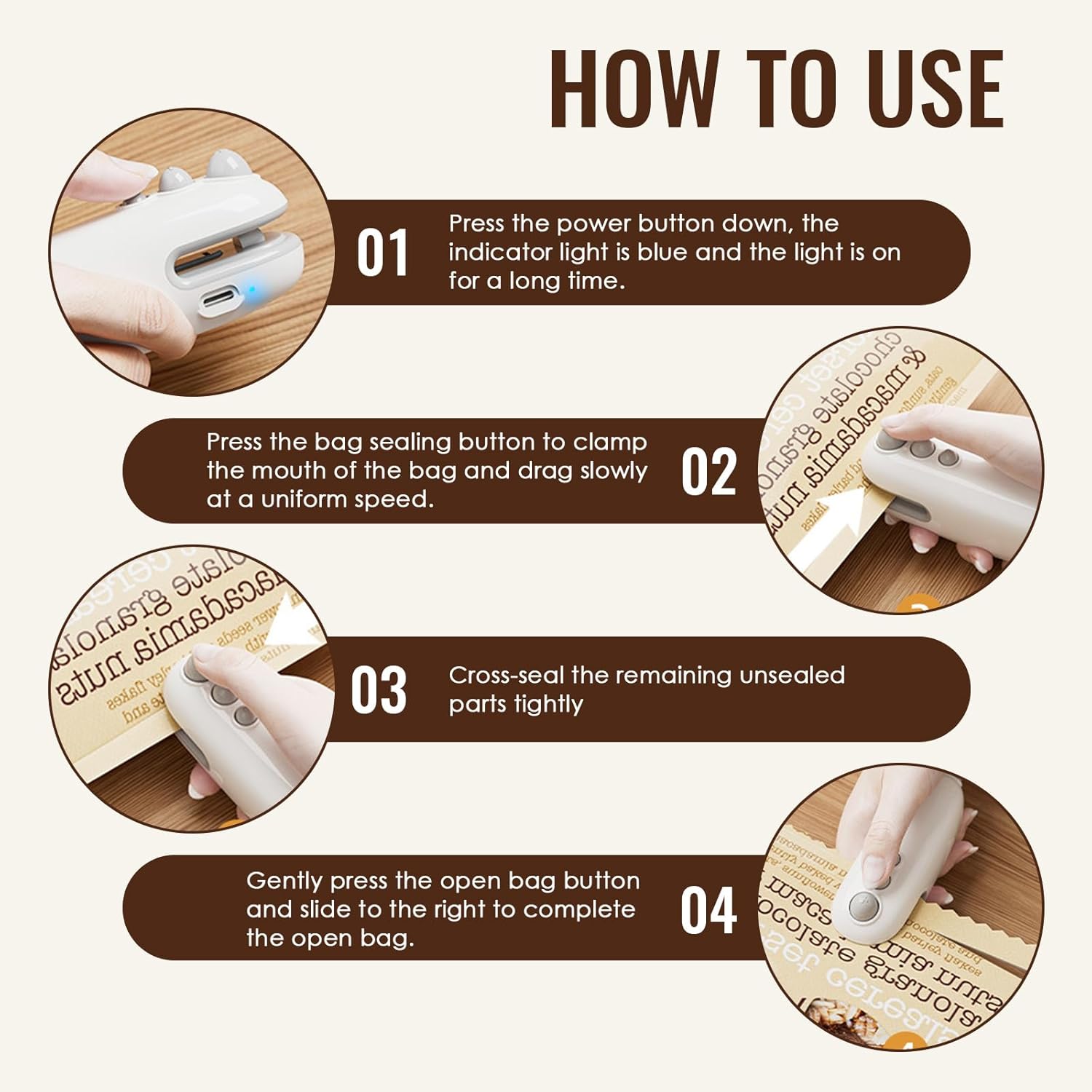 Mini Scelleur portable 2 en 1, USB, thermique, cutter intégré, blanc