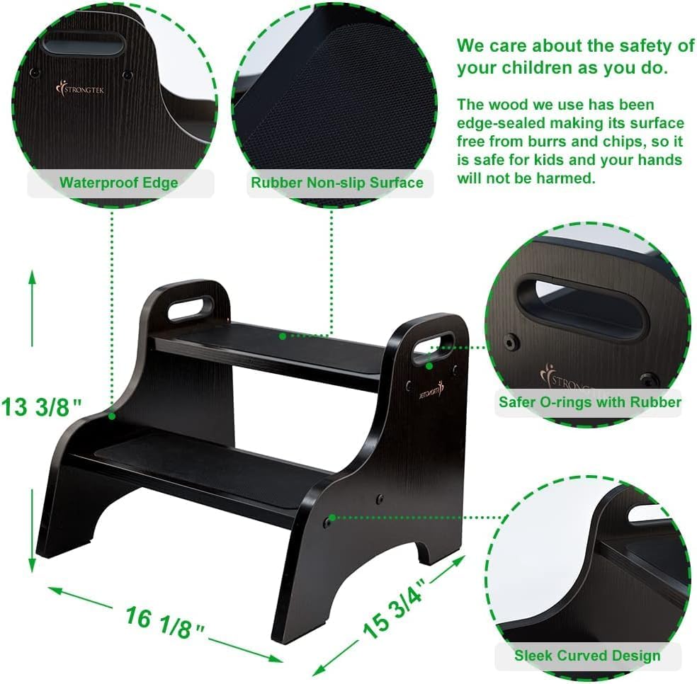 StrongTek - tabouret 2 marches bois - poignée portable, antidérapant, 180 kg, surface sécurisée - noir