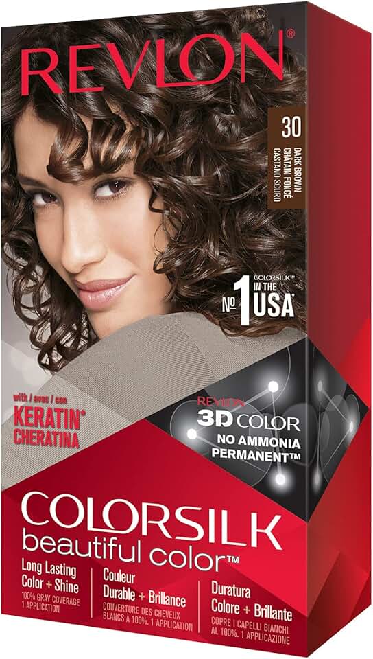 Revlon - Colorsilk Beautiful Color - coloration gel 3D, kératine, couvre 100% des cheveux blancs, 30 Châtain Foncé