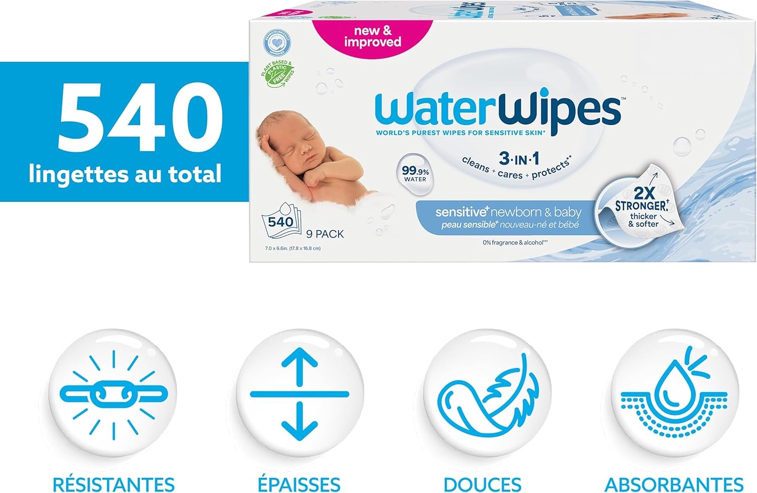 WaterWipes - Sensitive+ Lingettes bébé 540 unités, 99,9% eau, non parfumées
