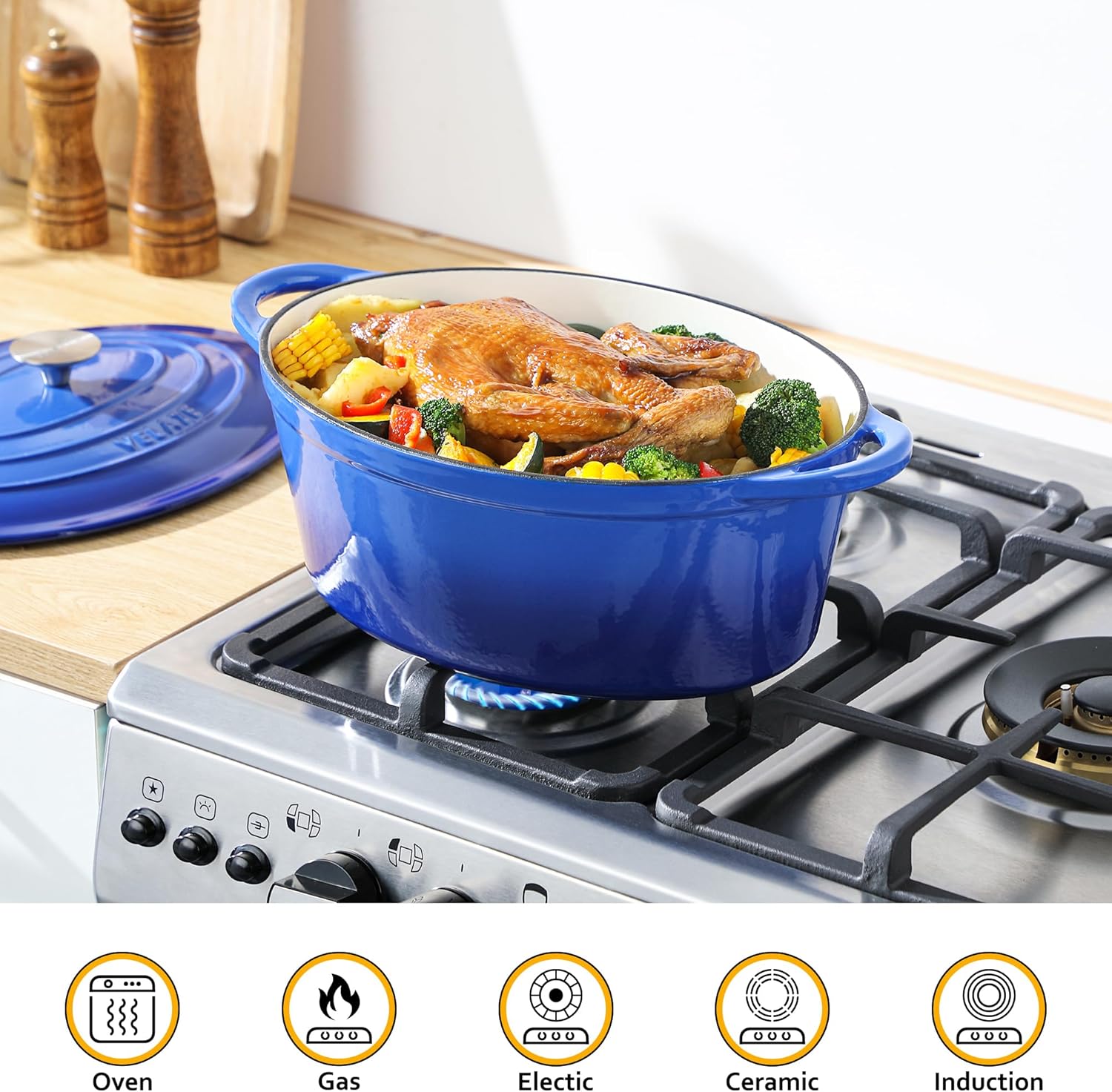 Velaze - Cocotte fonte émaillée série Ovale 7L 34cm, induction, antiadhésive, bleue