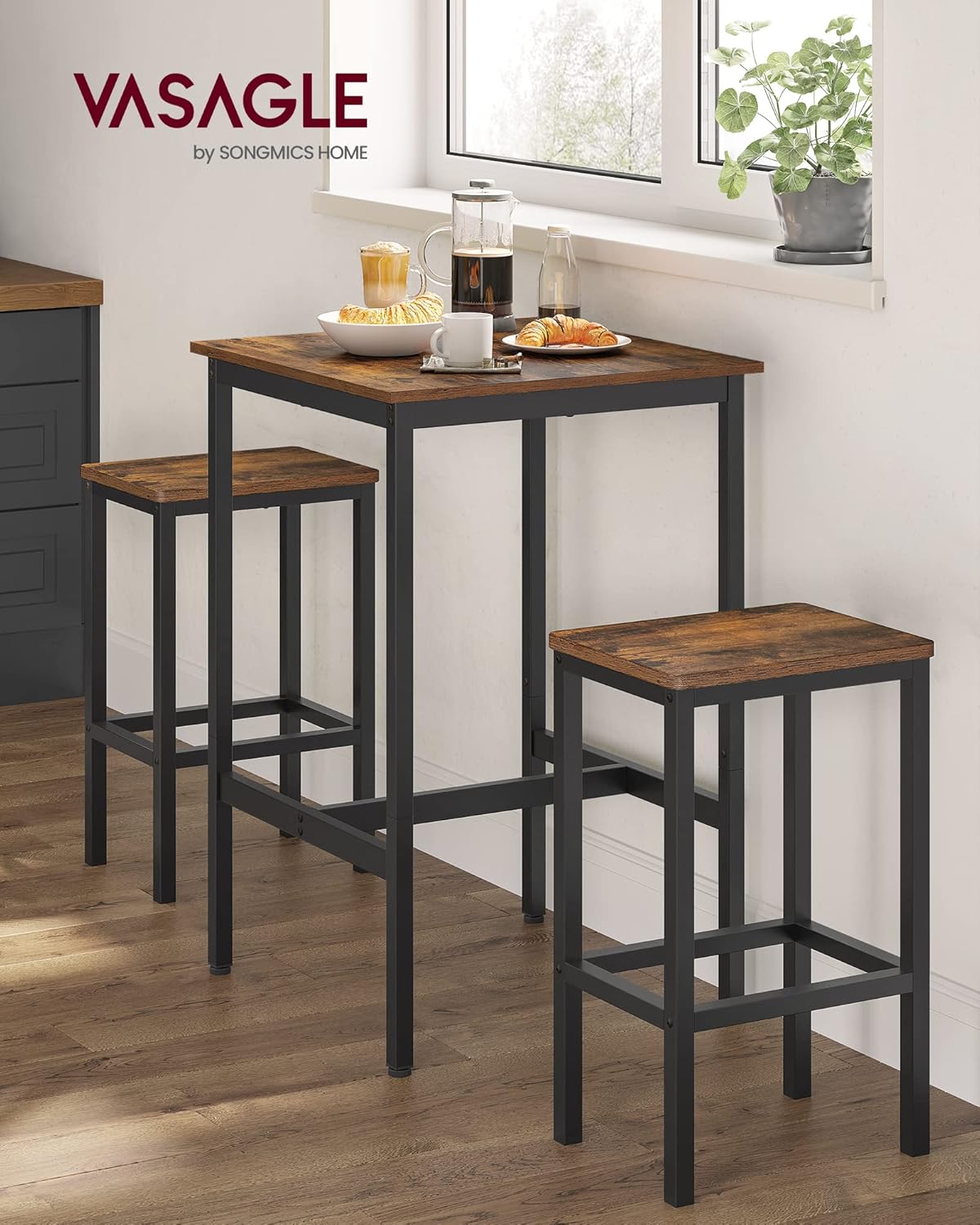VASAGLE - Ensemble table de bar 2 tabourets, compact, bois métal, LBT017B01