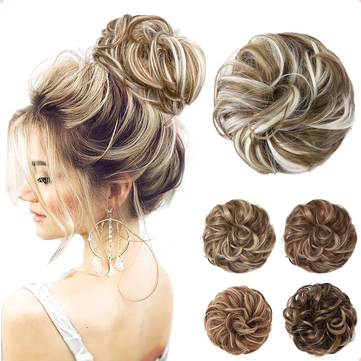 JJstar - Chignon postiche bouclé, élastique, cheveux naturels, brun blond
