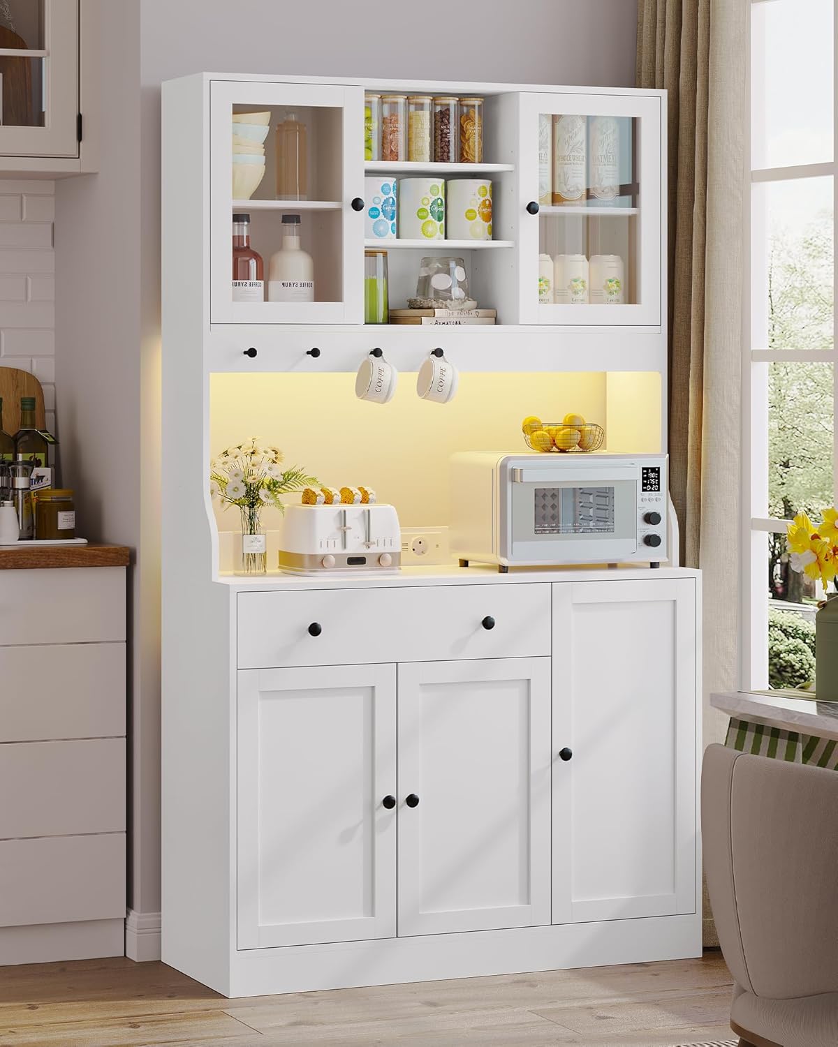 Meuble buffet cuisine - plan de travail LED, multiprise, 103,5x40x180 cm, 4 compartiments, tiroir modulable