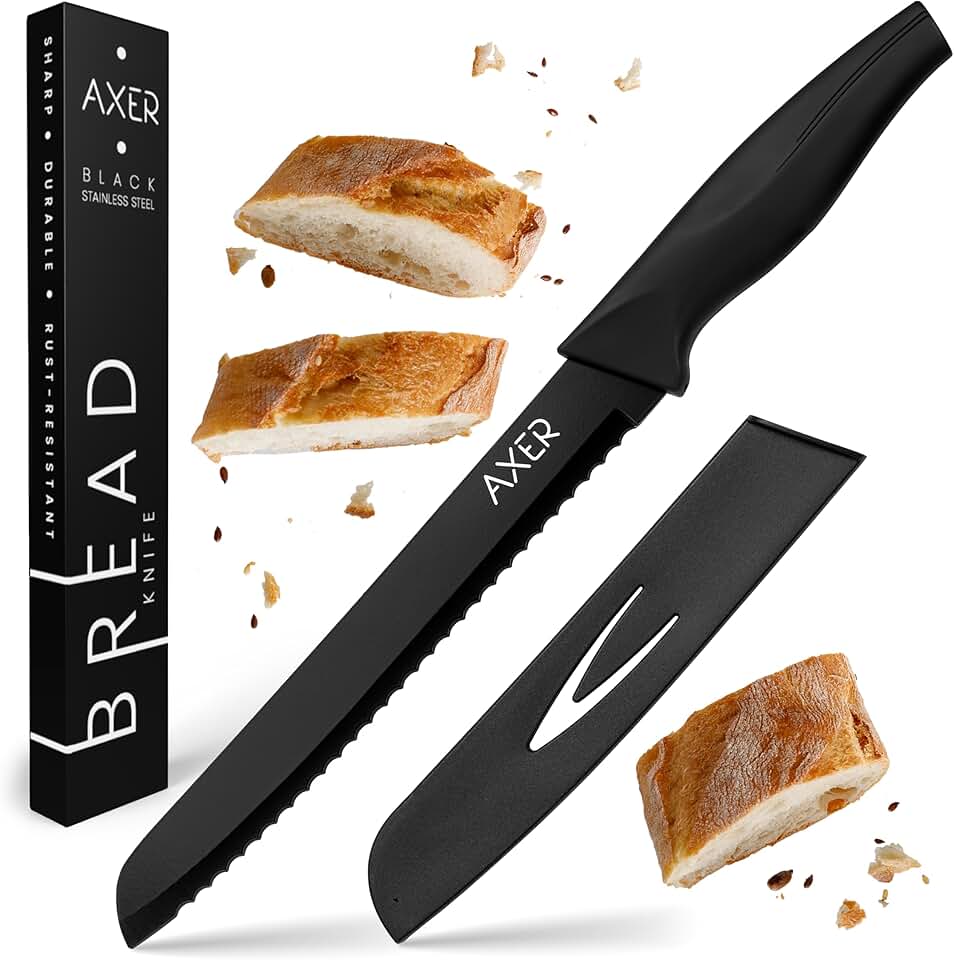 Couteau à pain - lame noire 20cm - étui inclus, livré en boîte