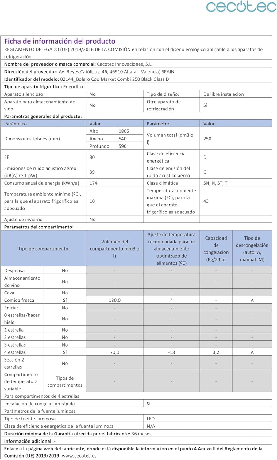 Cecotec - Bolero CoolMarket 250L - 250L - No Frost, Inverter, Multi Airflow, Humidity Box, Black Glass, Classe D