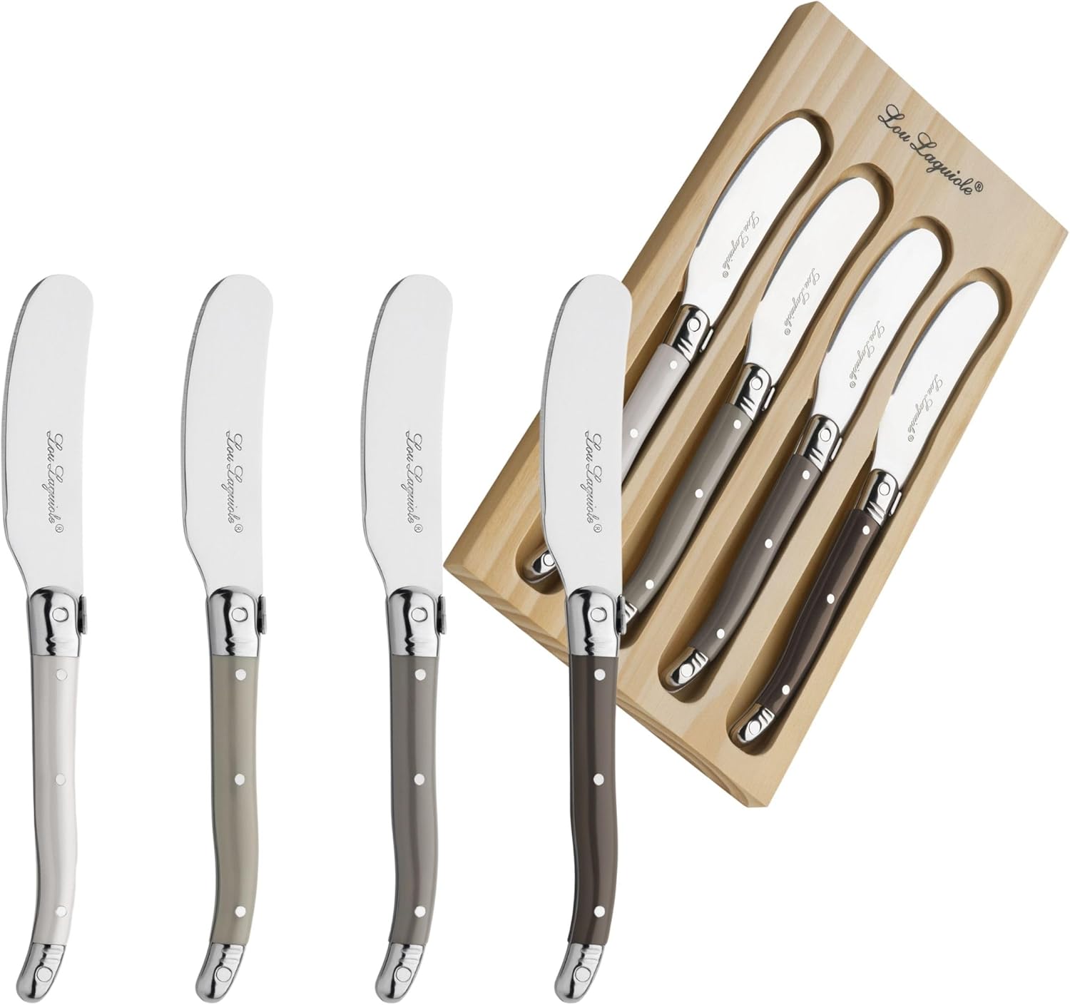 Lou Laguiole - Tradition - Coffret bois 4 tartineurs inox brillant, couleurs variées