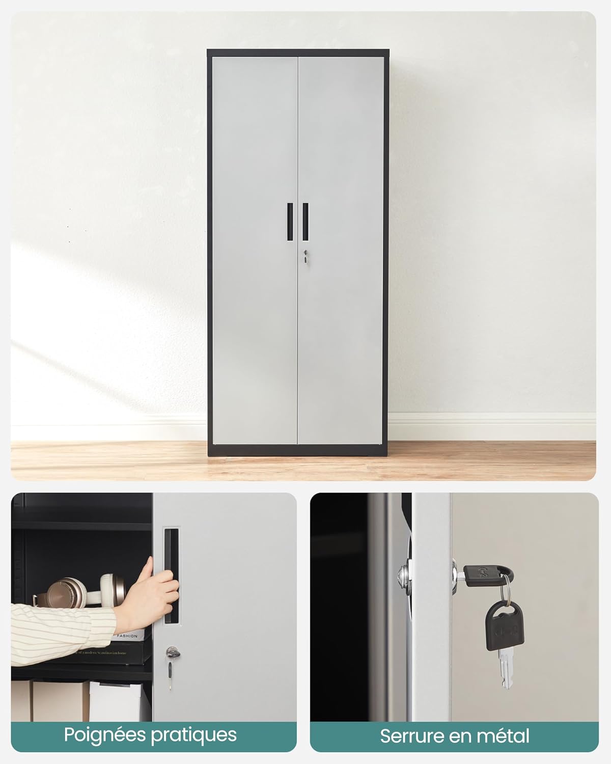 SONGMICS - meuble de rangement acier 40x80x180cm, 5 niveaux, portes verrouillables, étagères ajustables, OMC015S01