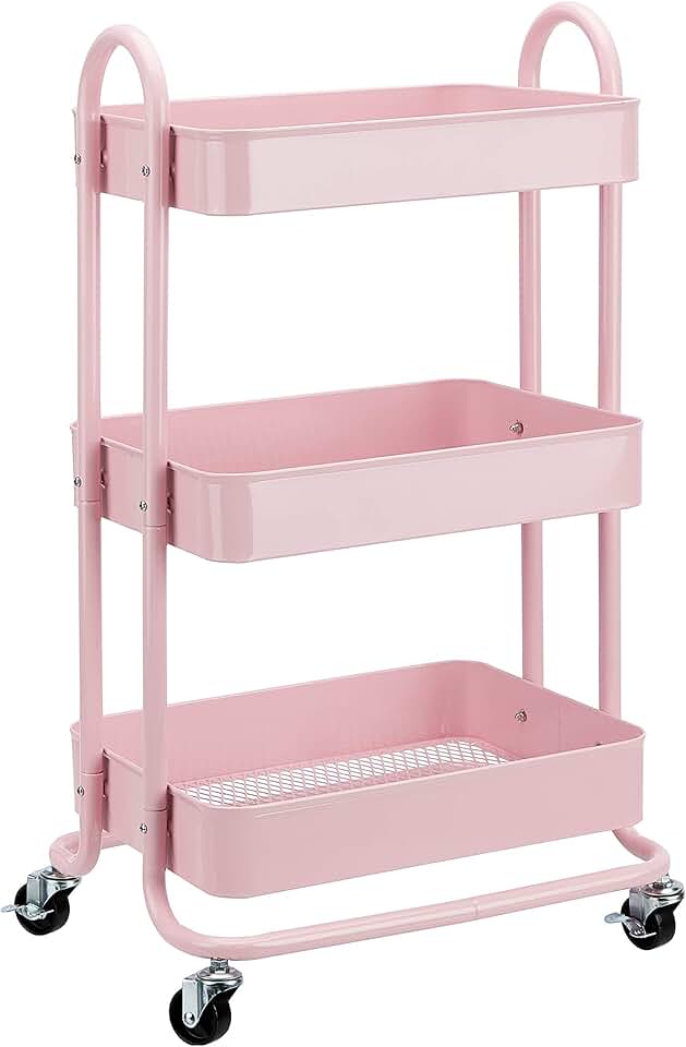 maxideelz Basics - Chariot de rangement 3 niveaux - roulettes - rose - dimensions compactes