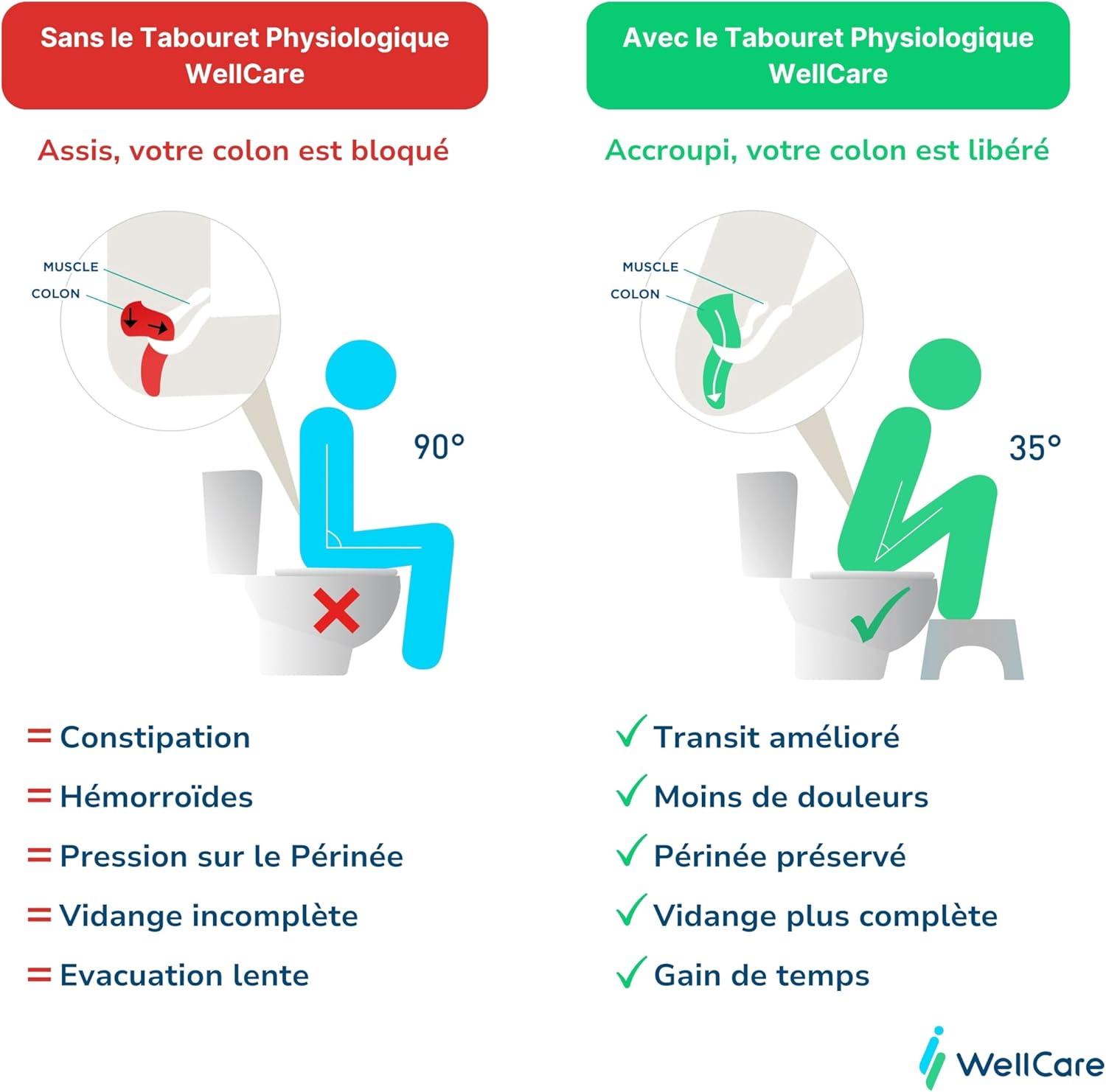 Well Care - Tabouret WC physiologique - plastique recyclé - position squat anti-constipation, adulte, fabriqué France