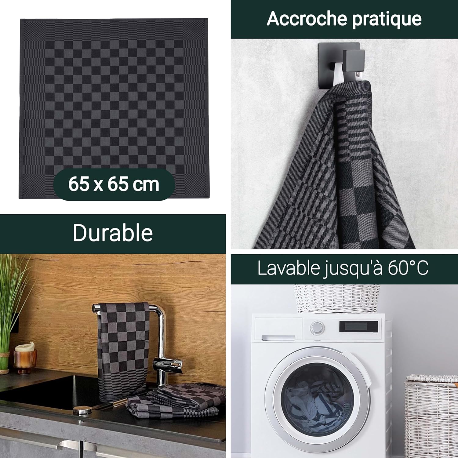 ZOLLNER - lot 6 torchons coton 65x65 cm, absorbants, lavables, Oeko-Tex