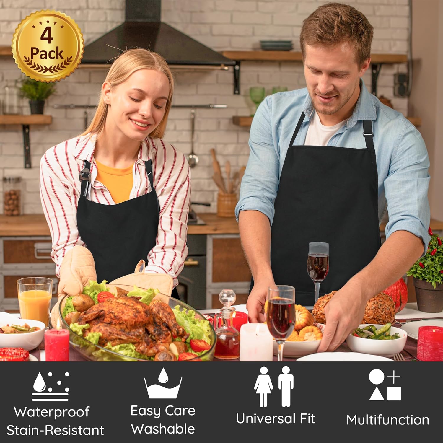 atopo - tabliers chef 4 pièces - noir - 2 poches, étanche, réglable