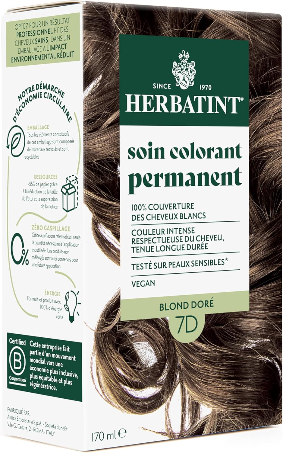 Herbatint - colorant permanent cheveux 7D - 170ml - sans ammoniaque, couvre 100% cheveux blancs