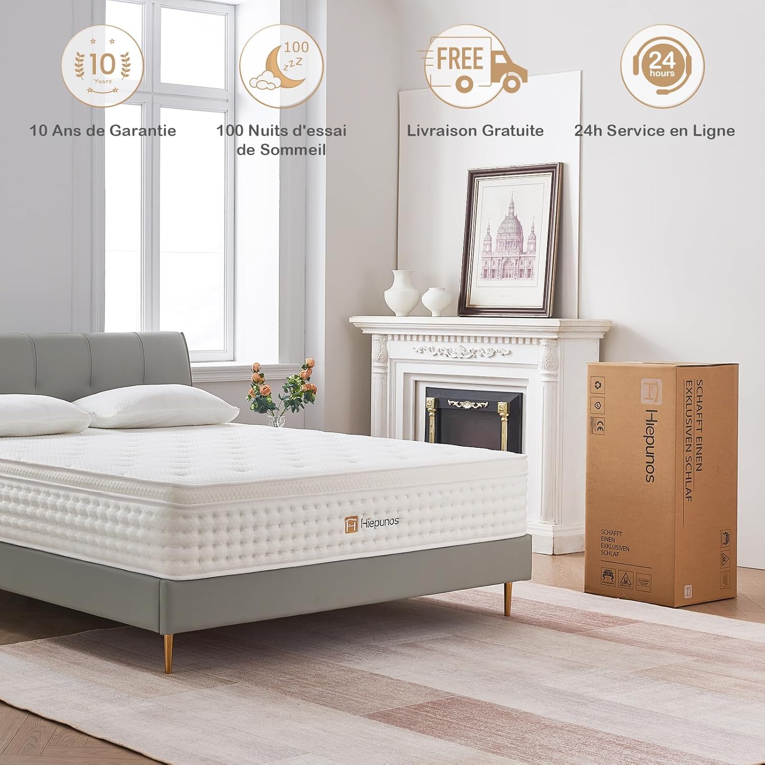 Matelas hybride 140x200 cm, ressorts, mémoire, 7 zones, H3, 26cm
