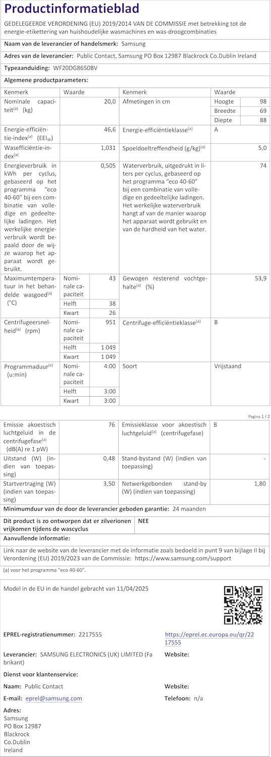 Samsung - lave-linge frontal série 8600 - grande capacité, EcoBubble - WF20DG8650BV