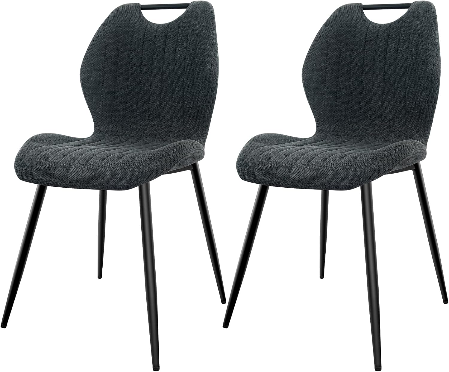 Chaises de salle à manger - lot de 2 - tissu gris foncé, pieds métal, dossier rembourré - dimensions compactes