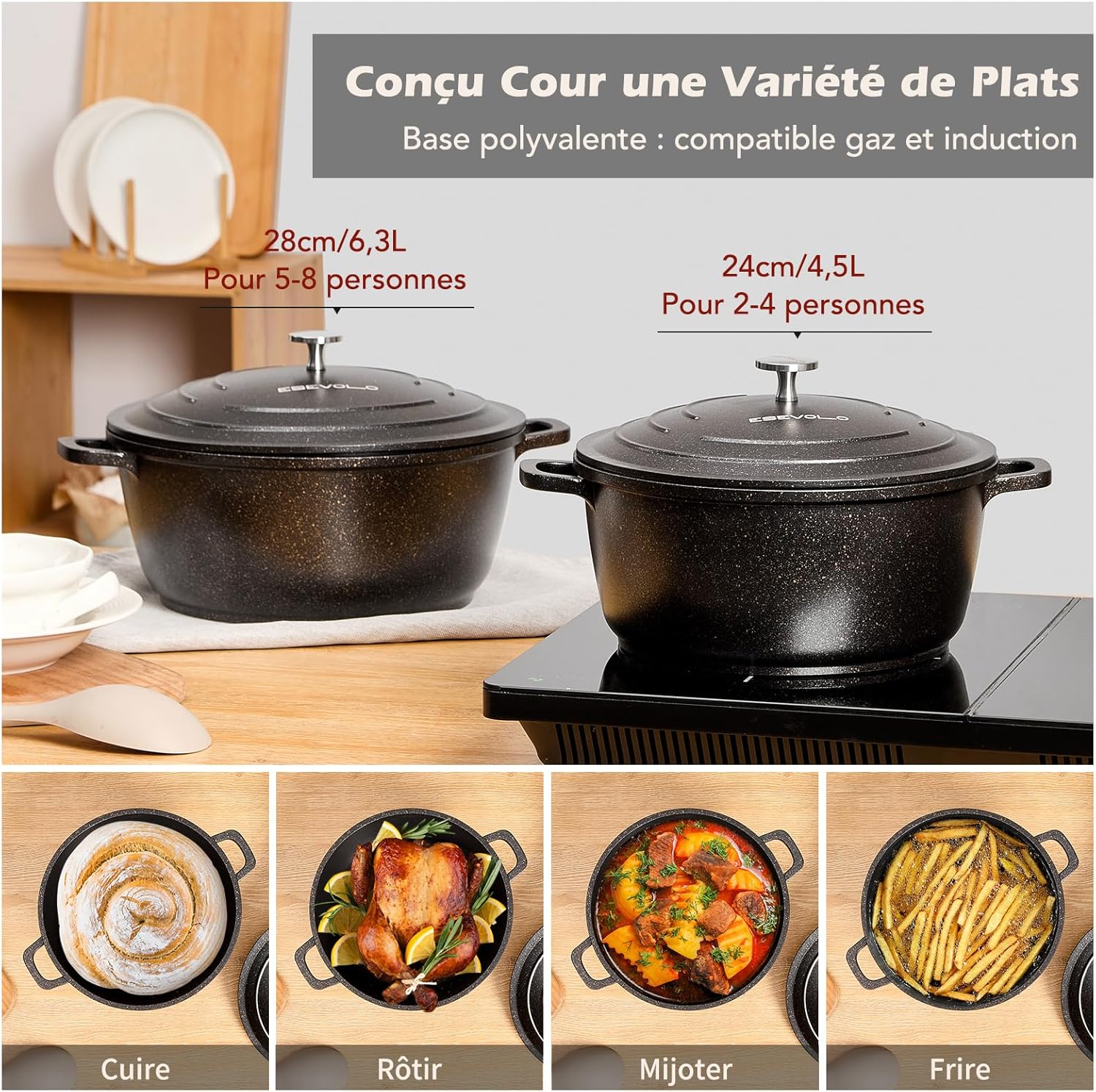 Cocotte fonte ronde 24cm, 4,5L, revêtement antiadhésif, induction