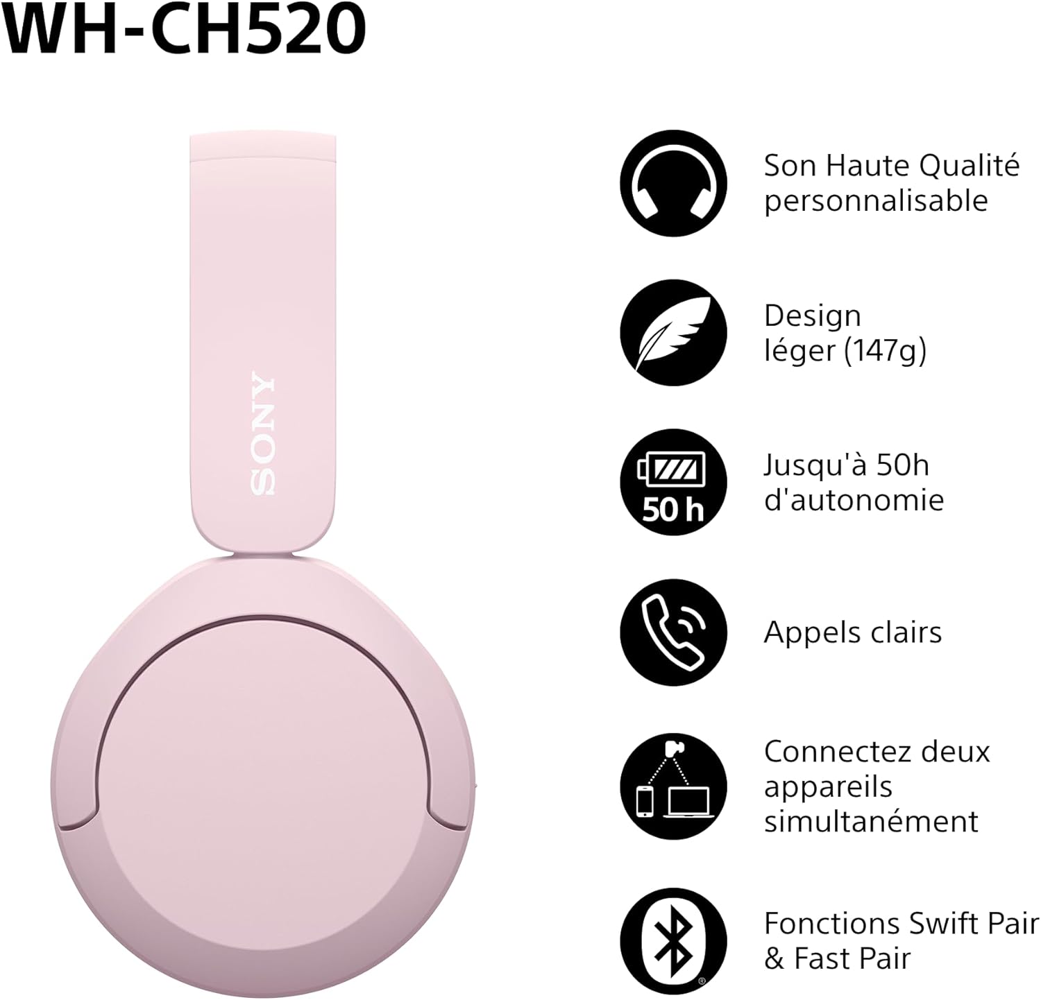 Sony - WH-CH520 - casque Bluetooth, micro, autonomie 50h, rose WH-CH520