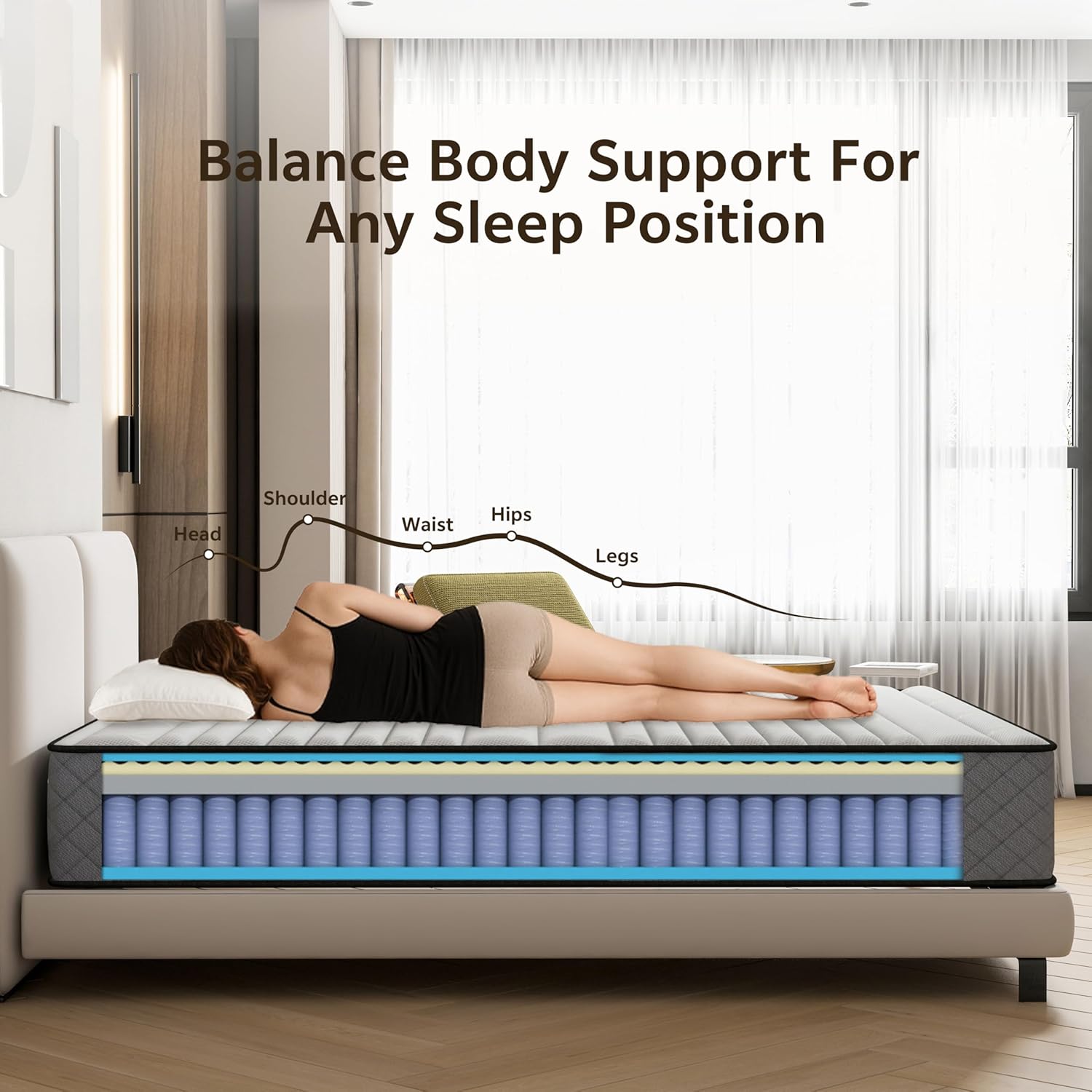 Matelas de lit simple - hybride mémoire de forme, ressorts, 190x90x21 cm, soutien moyen