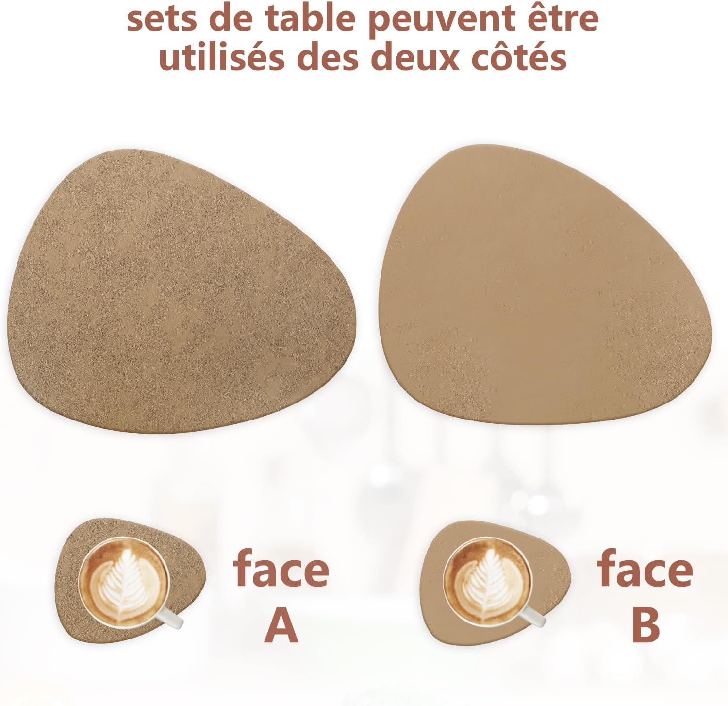 Set de table - lot de 6, ovale 41x33cm, lavable, antidérapant, cuir PU
