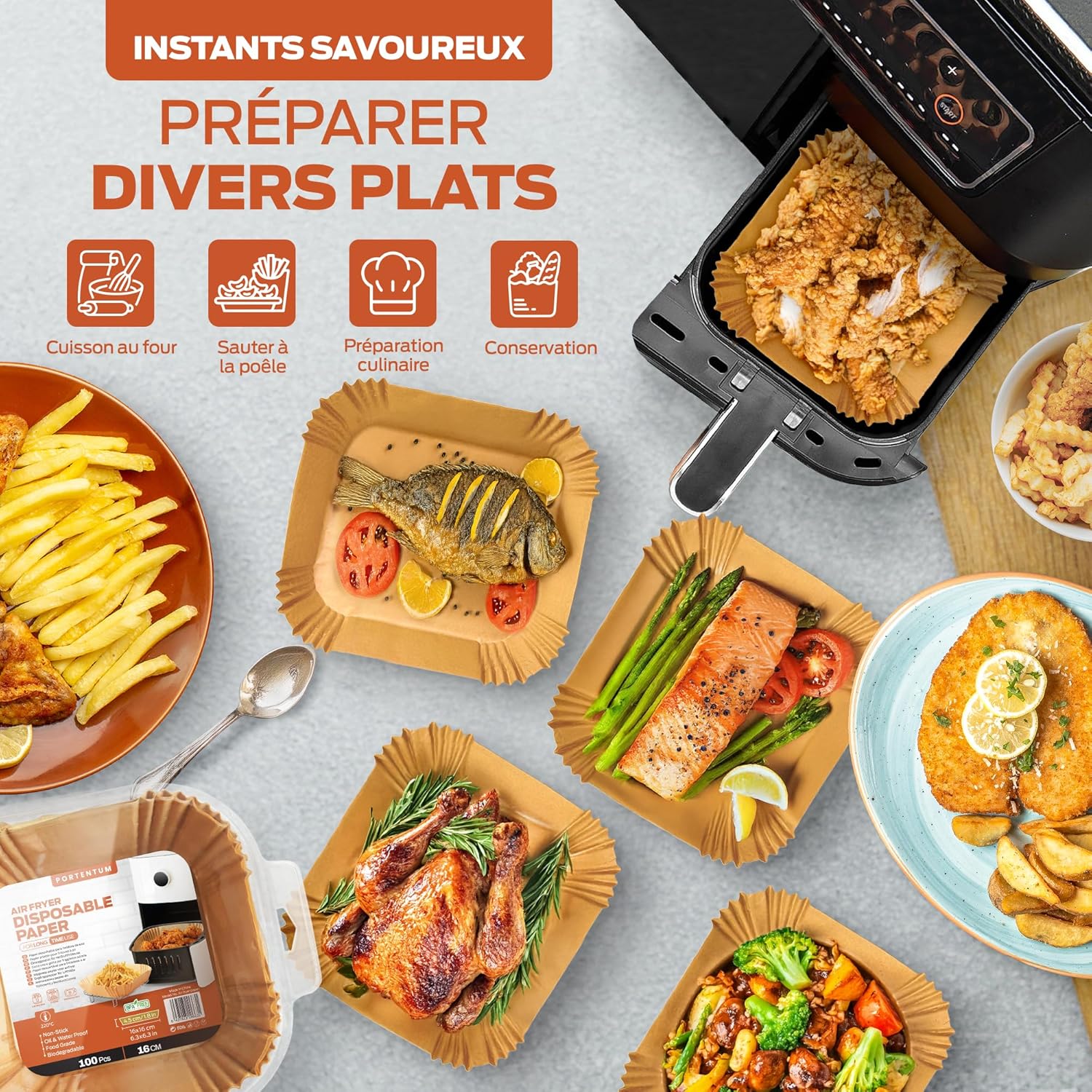 PORTENTUM - papier cuisson air fryer - 20x24 cm - 100 pièces, sans BPA, adapté 5-8L