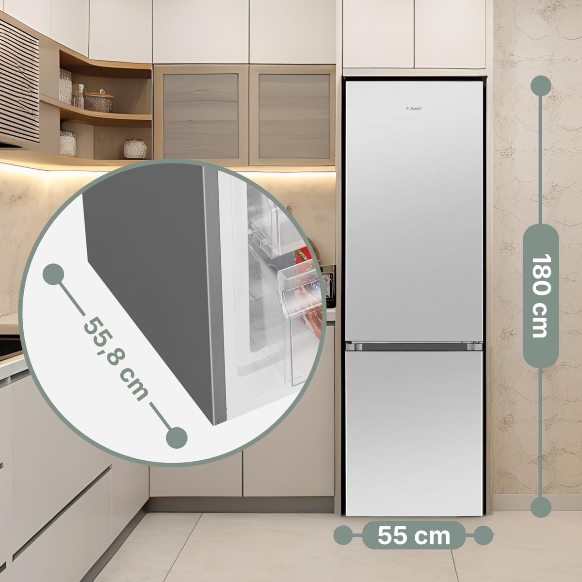 Bomann - KG7353 - réfrigérateur-congélateur 55cm, 268L, éclairage LED, inox