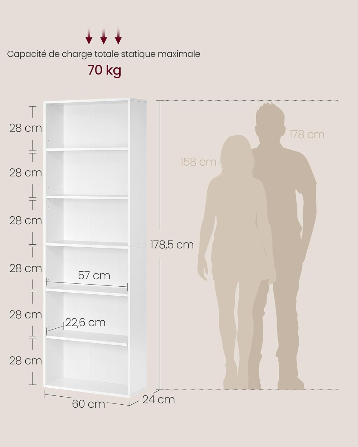 VASAGLE - bibliothèque 6 niveaux - 24x60x178,5 cm - blanc nuage LBC169T14