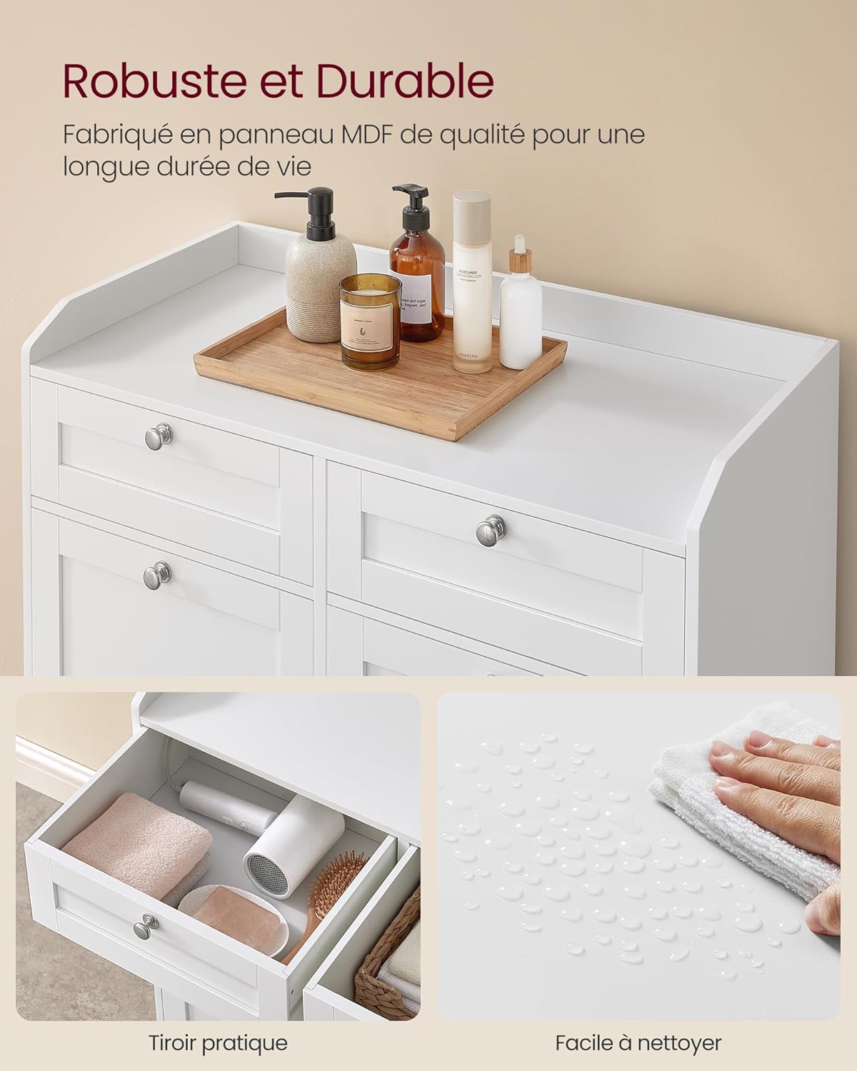 VASAGLE - meuble salle de bain avec paniers, 40x78,9x80,2 cm, 2 tiroirs, sac amovible, BBC751W01