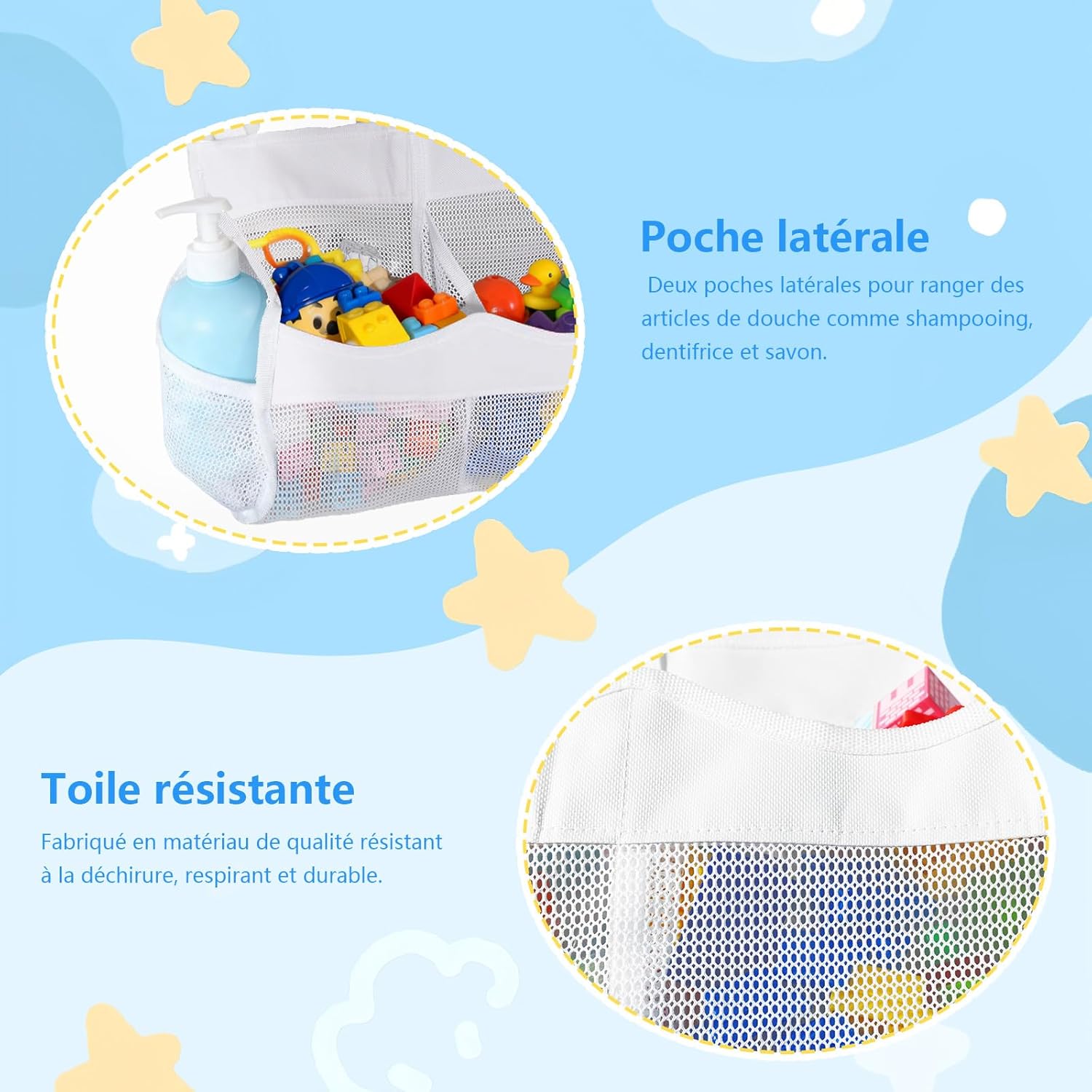 Rangement jouet bain - 4 compartiments filet suspendu - blanc, gain de place