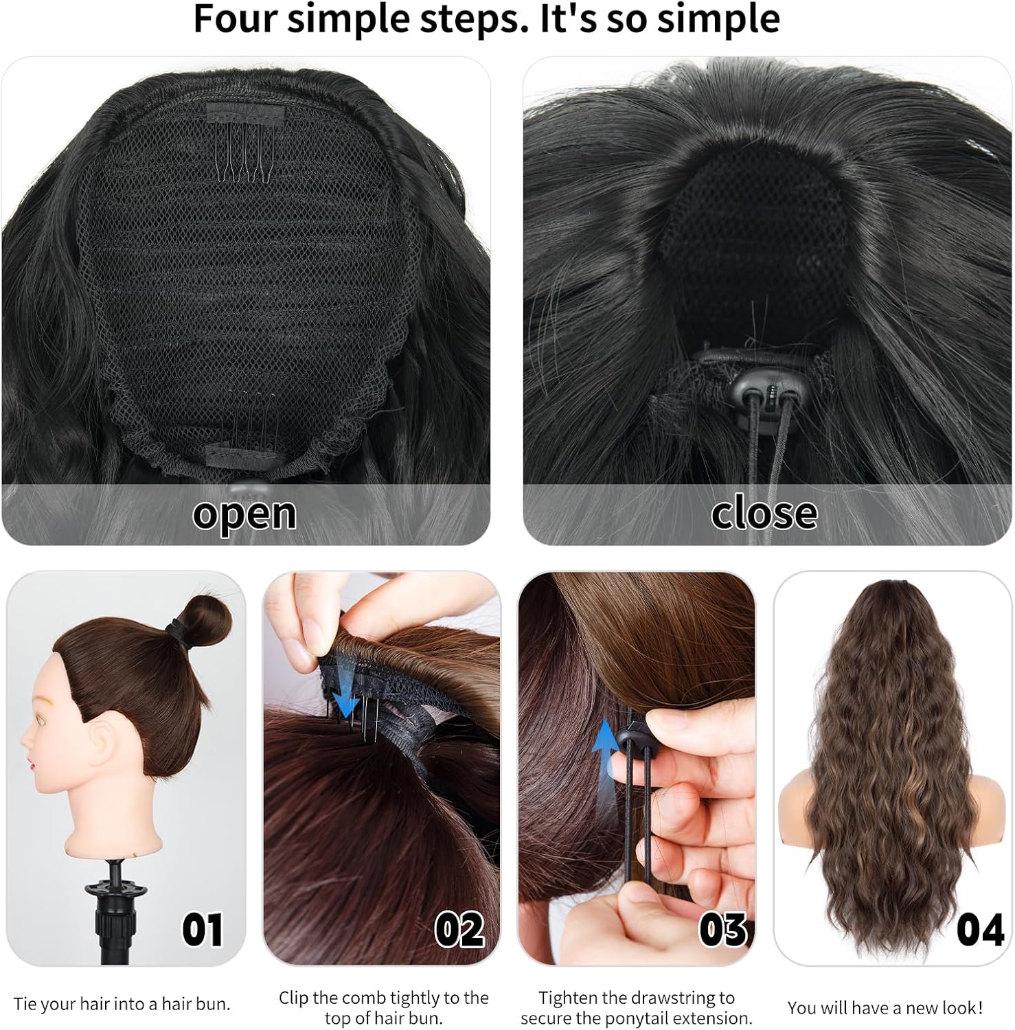 Extension cheveux naturel - ponytail 66cm - ondulée, cordon, couleur 1B#