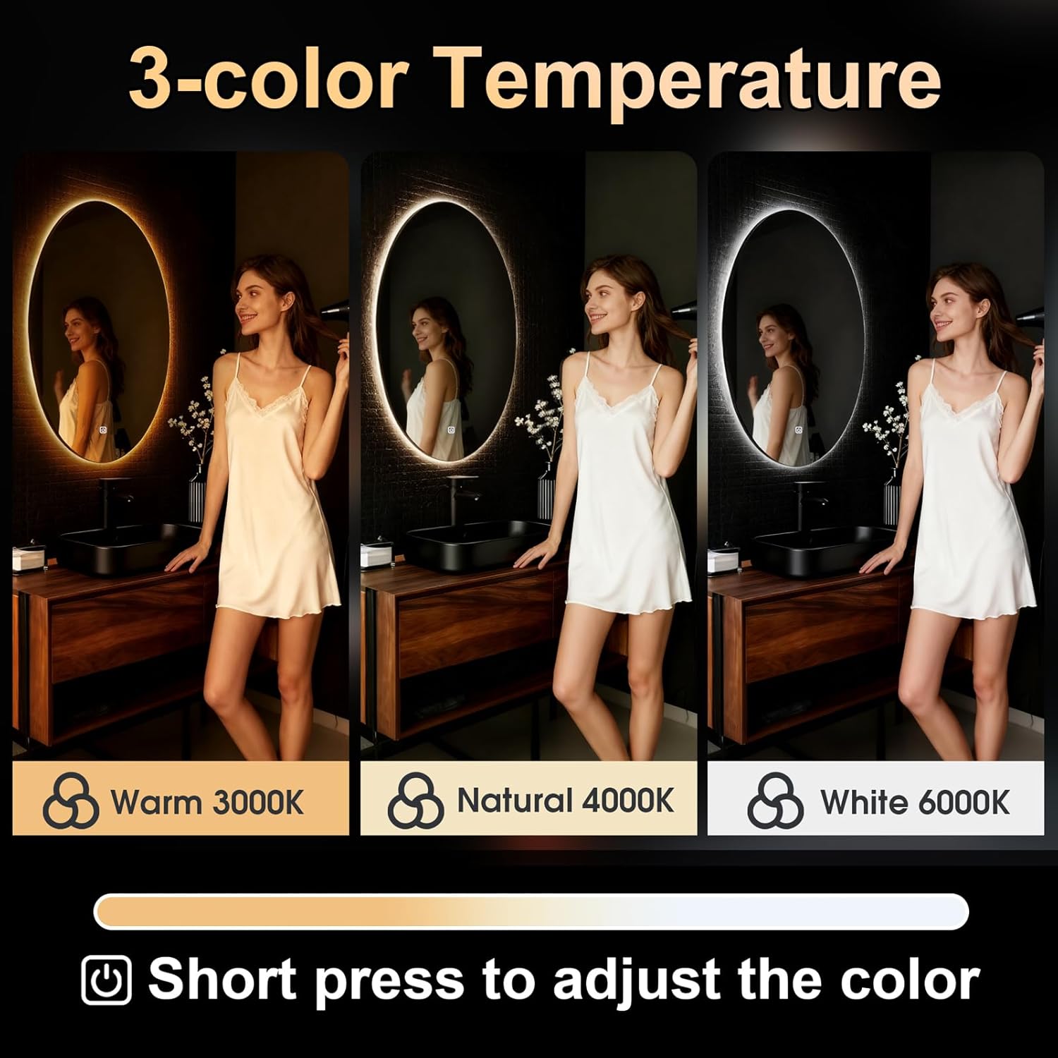 Miroir mural de salle de bain - éclairage LED, tactile, 70x50 cm, 3 couleurs