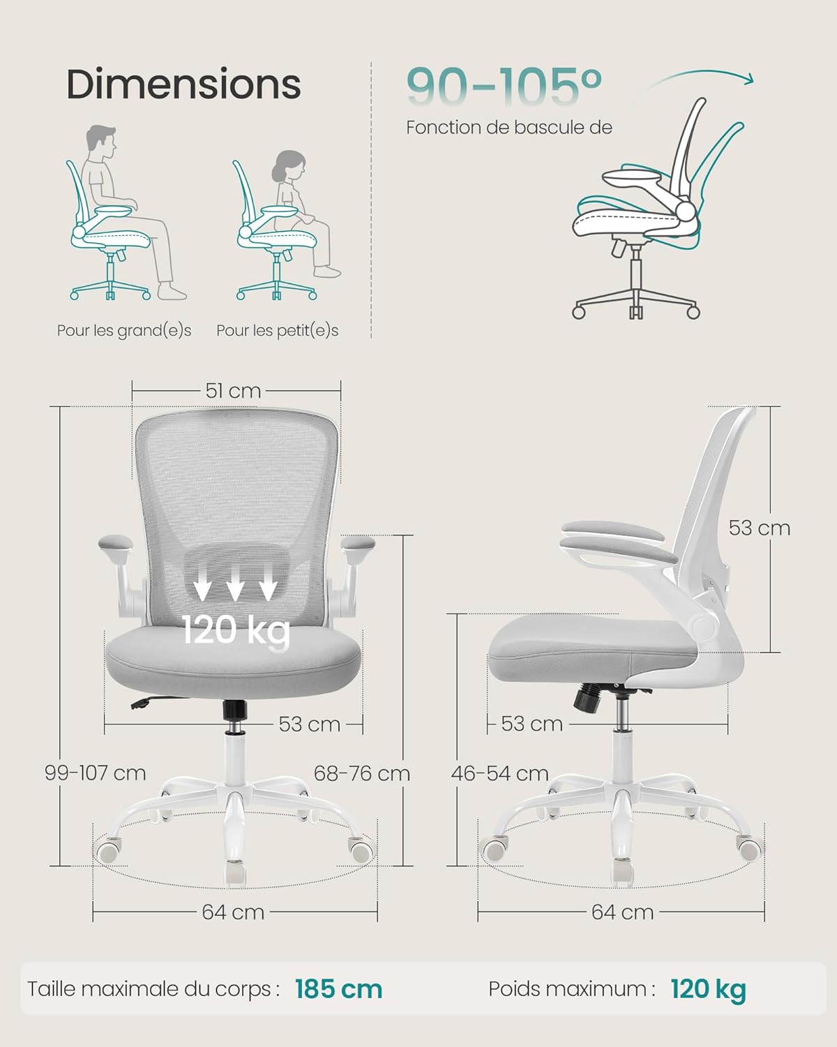 SONGMICS - chaise de bureau - 53 cm - ergonomique, accoudoirs rabattables, support lombaire, OBN037G02