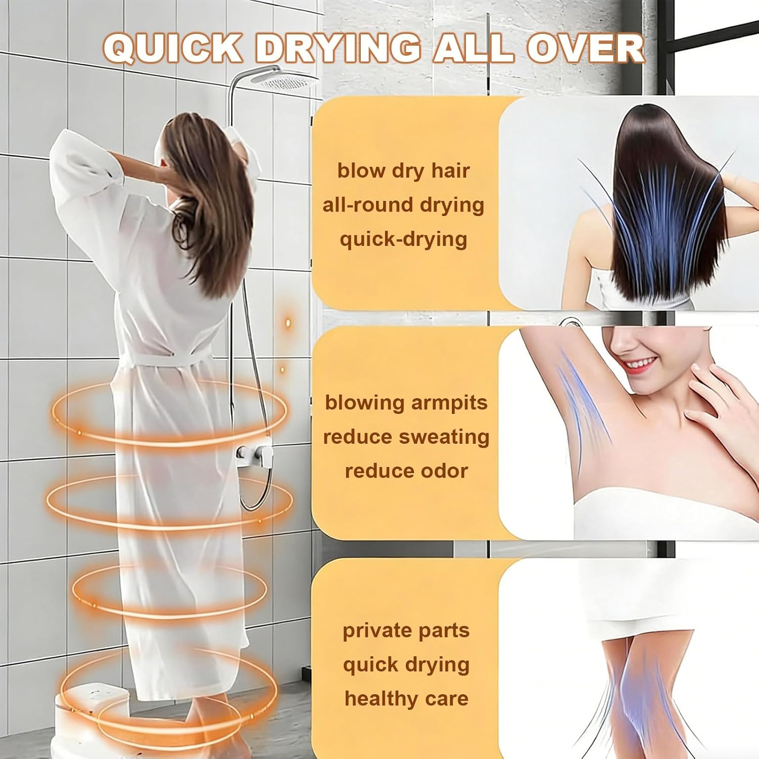 Sèche-corps 2500W, air chaud/froid, panneau LED, étanche, salle de bain